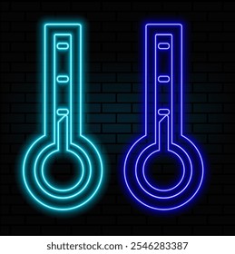 Glowing neon Meteorology thermometer measuring heat and cold icon isolated on brick wall background. Thermometer equipment showing hot or cold weather. Vector Illustration.