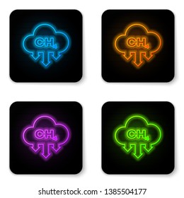 Glowing neon Methane emissions reduction icon isolated on white background. CH4 molecule model and chemical formula. Marsh gas. Natural gas. Black square button. Vector Illustration