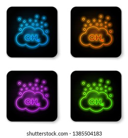 Glowing neon Methane emissions reduction icon isolated on white background. CH4 molecule model and chemical formula. Marsh gas. Natural gas. Black square button. Vector Illustration