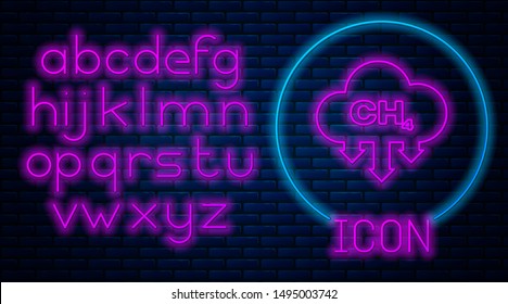 Glowing neon Methane emissions reduction icon isolated on brick wall background. CH4 molecule model and chemical formula. Marsh gas. Natural gas. Neon light alphabet. Vector Illustration