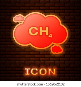 Glowing neon Methane emissions reduction icon isolated on brick wall background. CH4 molecule model and chemical formula. Marsh gas. Natural gas.  Vector Illustration