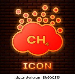 Glowing neon Methane emissions reduction icon isolated on brick wall background. CH4 molecule model and chemical formula. Marsh gas. Natural gas.  Vector Illustration