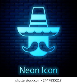 Glowing neon Mexican man wearing sombrero icon isolated on brick wall background. Hispanic man with a mustache.  Vector