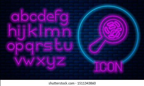 Glowing neon Microorganisms under magnifier icon isolated on brick wall background. Bacteria and germs, cell cancer, microbe, virus, fungi. Neon light alphabet. Vector Illustration