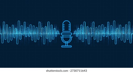 Micrófono de neón brillante con forma de onda de audio dinámico y señales de sonido de partículas sobre fondo de cuadrícula azul oscuro, que representa la grabación de voz, la transmisión de podcast y la moderna tecnología de audio digital.