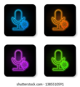 Glowing neon Microphone and gear icon isolated on white background. Adjusting app, service concept, setting options, maintenance, repair, fixing. Black square button. Vector Illustration