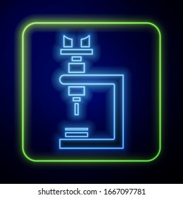 Glowing neon Microscope icon isolated on blue background. Chemistry, pharmaceutical instrument, microbiology magnifying tool.  Vector Illustration