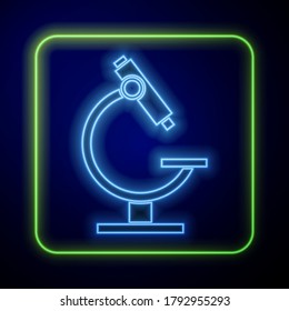 Glowing neon Microscope icon isolated on blue background. Chemistry, pharmaceutical instrument, microbiology magnifying tool.  Vector Illustration