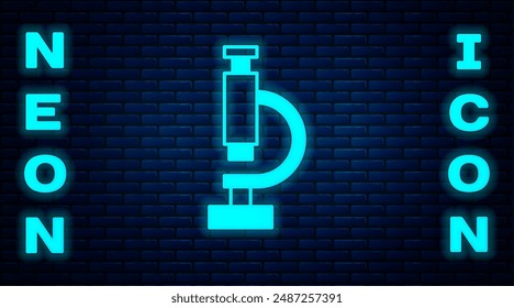 Glowing neon Microscope icon isolated on brick wall background. Chemistry, pharmaceutical instrument, microbiology magnifying tool.  Vector