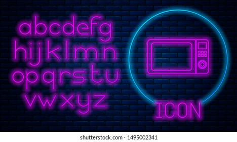 Glowing neon Microwave oven icon isolated on brick wall background. Home appliances icon.Neon light alphabet. Vector Illustration