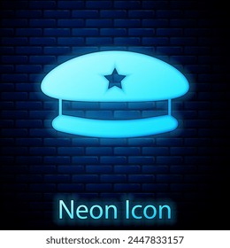 Glowing neon Military beret icon isolated on brick wall background. Soldiers cap. Army hat. War baret.  Vector