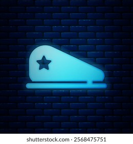 Glowing neon Military beret icon isolated on brick wall background. Soldiers cap. Army hat. War baret.  Vector