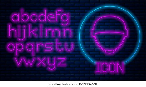 Glowing neon Military helmet icon isolated on brick wall background. Army hat symbol of defense and protect. Protective hat. Neon light alphabet. Vector Illustration
