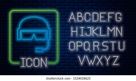Glowing neon Military helmet icon isolated on brick wall background. Army hat symbol of defense and protect. Protective hat. Neon light alphabet. Vector Illustration