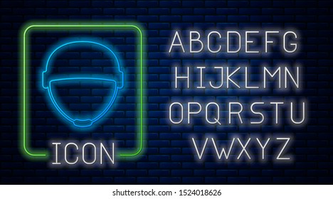 Glowing neon Military helmet icon isolated on brick wall background. Army hat symbol of defense and protect. Protective hat. Neon light alphabet. Vector Illustration