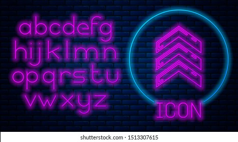 Glowing neon Military rank icon isolated on brick wall background. Military badge sign. Neon light alphabet. Vector Illustration