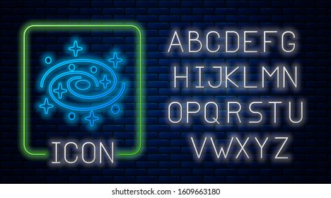Glowing neon Milky way spiral galaxy with stars icon isolated on brick wall background. Neon light alphabet. Vector Illustration