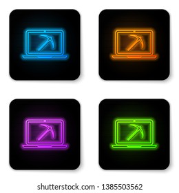 Glowing neon Mining concept with laptop and pickaxe icon isolated on white background. Blockchain technology, cryptocurrency mining, digital money market. Black square button. Vector Illustration