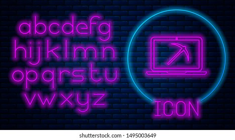 Glowing neon Mining concept with laptop and pickaxe icon isolated on brick wall background. Blockchain technology, cryptocurrency mining, digital money market. Neon light alphabet. Vector Illustration