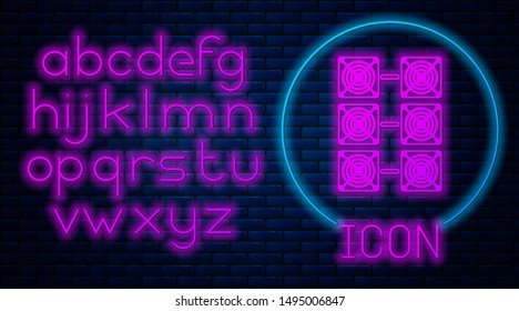 Glowing neon Mining farm icon on brick wall background. Cryptocurrency mining, blockchain technology, bitcoin, digital money market, cryptocoin wallet. Neon light alphabet. Vector Illustration