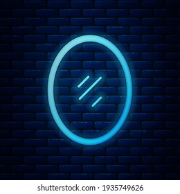 Glowing neon Mirror icon isolated on brick wall background.  Vector