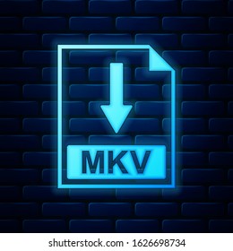 Glowing neon MKV file document icon. Download MKV button icon isolated on brick wall background.  Vector Illustration