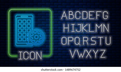 Glowing neon Mobile Apps and gear icon isolated on brick wall background. Adjusting app, service concept, setting options, maintenance, repair, fixing. Neon light alphabet. Vector Illustration