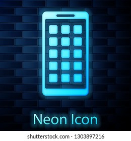 Glowing neon Mobile Apps icon isolated on brick wall background. Smartphone with screen icons, applications. mobile phone showing screen. Vector Illustration