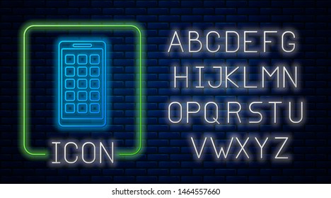 Glowing neon Mobile Apps icon isolated on brick wall background. Smartphone with screen icons, applications. mobile phone showing screen. Neon light alphabet. Vector Illustration