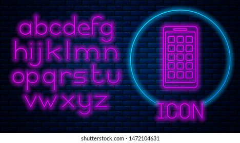 Glowing neon Mobile Apps icon isolated on brick wall background. Smartphone with screen icons, applications. mobile phone showing screen. Neon light alphabet. Vector Illustration