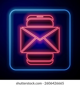 Glowing neon Mobile and envelope, new message, mail icon isolated on blue background. Usage for e-mail newsletters, headers, blog posts.  Vector Illustration
