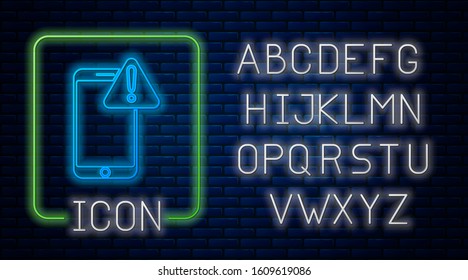 Glowing neon Mobile phone with exclamation mark icon isolated on brick wall background. Alert message smartphone notification. Neon light alphabet. Vector Illustration