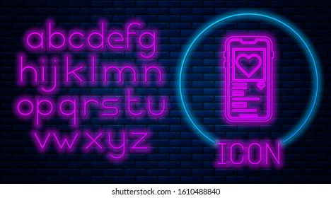 Glowing neon Mobile phone with heart icon isolated on brick wall background. Valentines day. Neon light alphabet. Vector Illustration