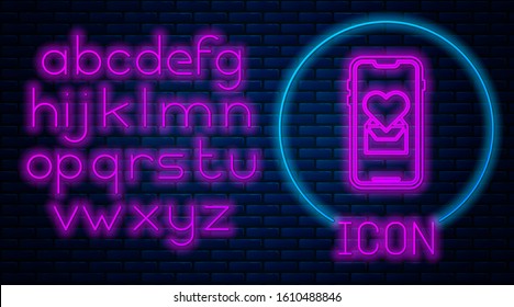 Glowing neon Mobile phone with heart icon isolated on brick wall background. Valentines day. Neon light alphabet. Vector Illustration