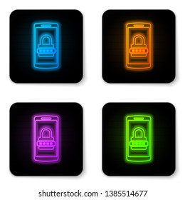 Glowing neon Mobile phone and password protection icon isolated on white background. Security, safety, personal access, user authorization, privacy. Black square button. Vector Illustration