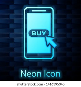Glowing neon Mobile phone and shopping cart icon isolated on brick wall background. Online buying symbol. Supermarket basket symbol. Vector Illustration