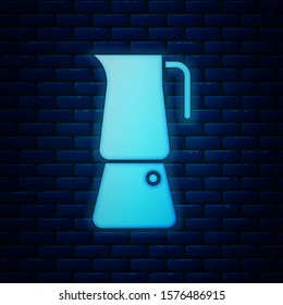 Glowing neon Moka pot icon isolated on brick wall background. Coffee maker.  Vector Illustration