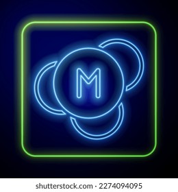 Glowing neon Molecule icon isolated on blue background. Structure of molecules in chemistry, science teachers innovative educational poster.  Vector