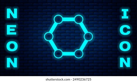 Icono de molécula de neón brillante aislado en el fondo de la pared de ladrillo. Estructura de moléculas en química, profesores de ciencias cartel educativo innovador.  Vector