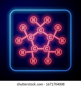 Glowing neon Molecule oil icon isolated on blue background. Structure of molecules in chemistry.  Vector Illustration