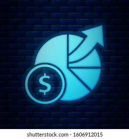 Glowing neon Money and diagram graph icon isolated on brick wall background. Financial analytics, budget planning, finance managemen.  Vector Illustration