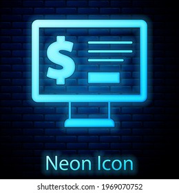 Glowing neon Monitor with dollar icon isolated on brick wall background. Sending money around the world, money transfer, online banking, financial transaction.  Vector