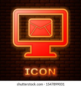 Glowing neon Monitor and envelope, new message, mail, email icon isolated on brick wall background. Usage for e-mail newsletters, headers, blog posts.  Vector Illustration