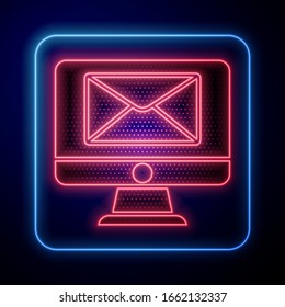 Glowing neon Monitor and envelope, new message, mail icon isolated on blue background. Usage for e-mail newsletters, headers, blog posts.  Vector Illustration