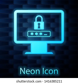 Glowing neon Monitor with password notification and lock icon isolated on brick wall background. Concept of security, personal access, user authorization, login form. Vector Illustration