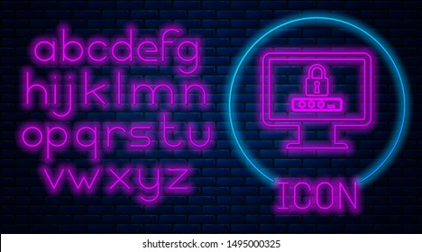 Glowing neon Monitor with password notification and lock icon isolated on brick wall background. Security, personal access, user authorization, login form. Neon light alphabet. Vector Illustration