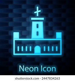 Glowing neon Montjuic castle icon isolated on brick wall background. Barcelona, Spain.  Vector