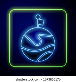 Glowing neon Moon with flag icon isolated on blue background.  Vector Illustration