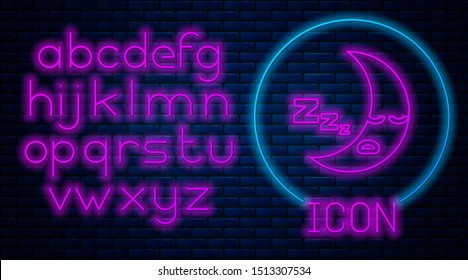 Glowing neon Moon icon isolated on brick wall background. Cloudy night sign. Sleep dreams symbol. Night or bed time sign. Neon light alphabet. Vector Illustration