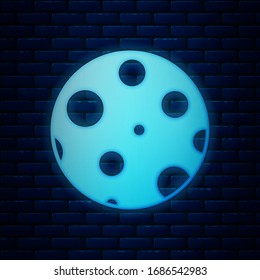 Glowing neon Moon icon isolated on brick wall background.  Vector Illustration